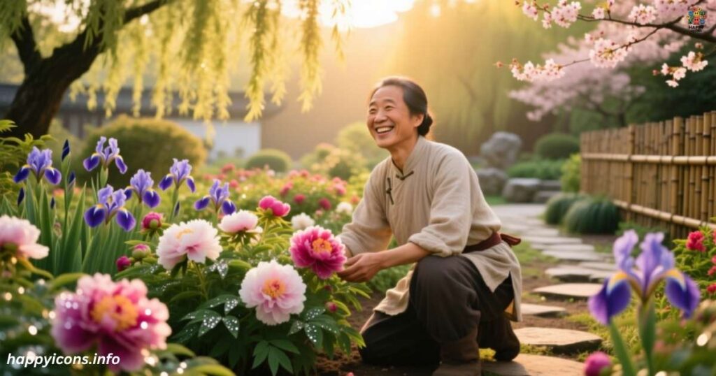 Happy as a gardener with blooming flowers